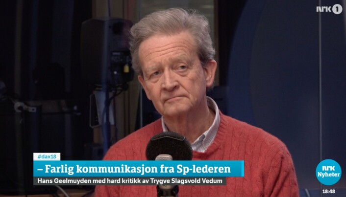 Hans Geelmuyden mener Sp-lederens kommunikasjon er farlig. Hans Geelmuyden mener Sp-lederens kommunikasjon er farlig.