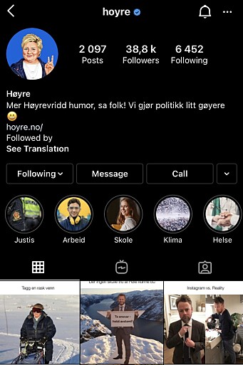Høyres Instagram-kanal m/ highlights av politiske stories Høyres Instagram-kanal m/ highlights av politiske stories