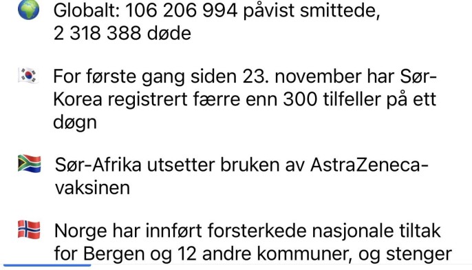 Skjermdump fra Covid-19-informasjonssenteret til Facebook. Skjermdump fra Covid-19-informasjonssenteret til Facebook.