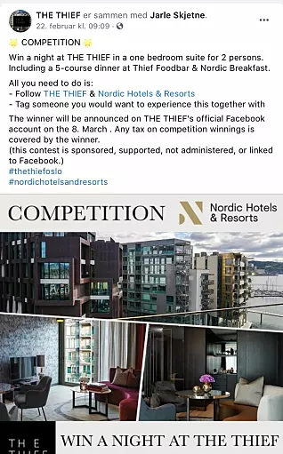 Hotellet The Thief krever at kandidatene som melder seg på konkurransen må tagge en annen i kommentarfeltet for å delta. Det er ikke innafor Facebooks regler for konkurranser.