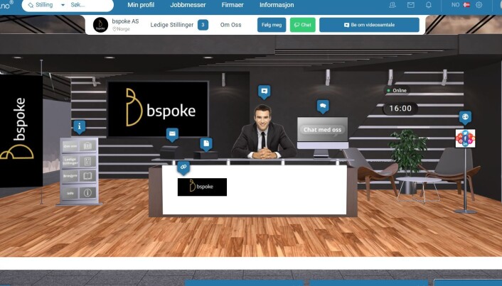 Slik så det ut når du klikket deg inn på en bedrift for å se nærmere. Herfra kunne du starte en video chat eller bare skrive med bedriften. Slik så det ut når du klikket deg inn på en bedrift for å se nærmere. Herfra kunne du starte en video chat eller bare skrive med bedriften.