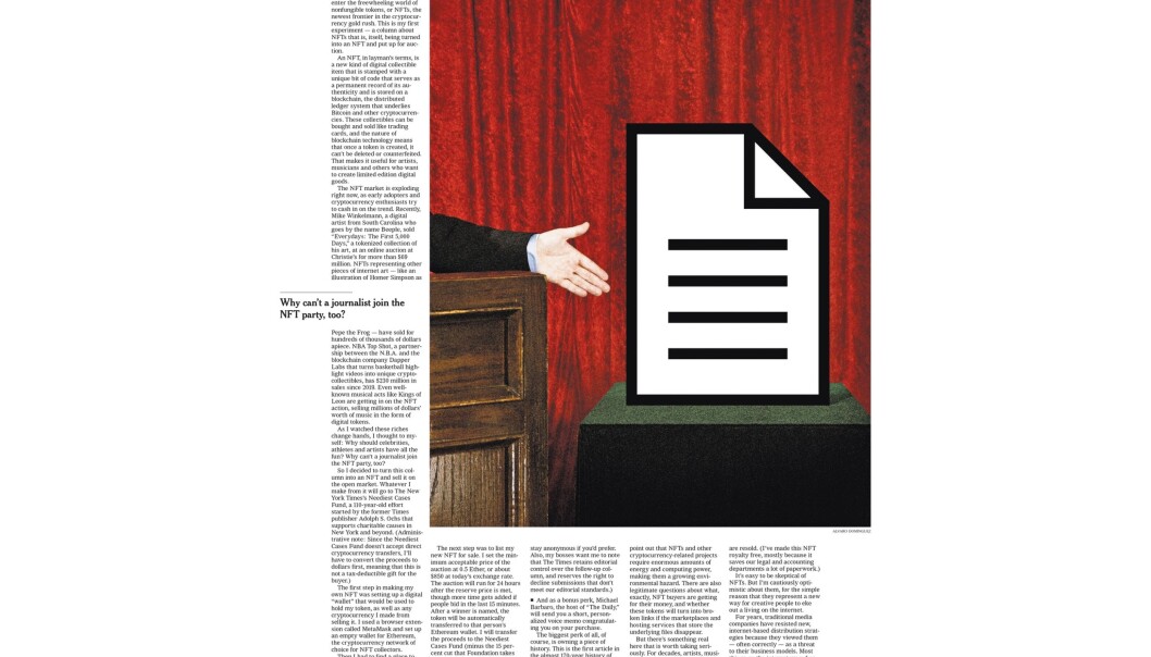 En avisartikkel fra The New York Times ble torsdag solgt for nesten fem millioner kroner på NFT-markedsplassen Foundation. En avisartikkel fra The New York Times ble torsdag solgt for nesten fem millioner kroner på NFT-markedsplassen Foundation.