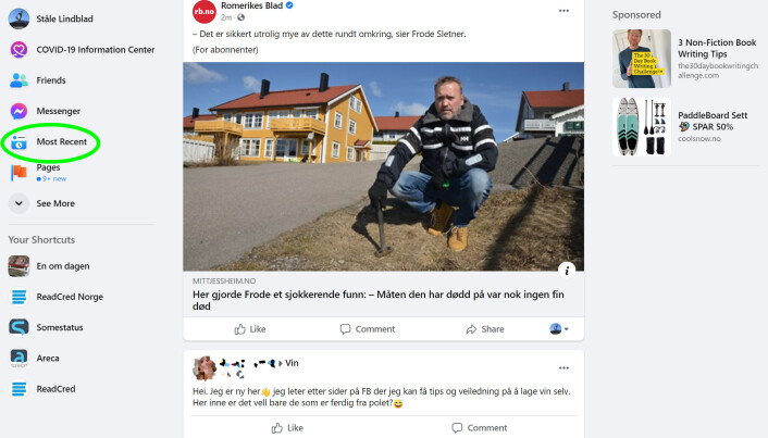 Du finner den ufiltrerte nyhetsstrømmen i Facebook-menyen. Du finner den ufiltrerte nyhetsstrømmen i Facebook-menyen.