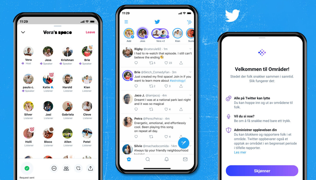 I en pressemelding på mandag annonserte Twitter at Spaces, eller Områder som det kalles på norsk, blir tilgjengelig for alle med 600 eller flere følgere. I en pressemelding på mandag annonserte Twitter at Spaces, eller Områder som det kalles på norsk, blir tilgjengelig for alle med 600 eller flere følgere.