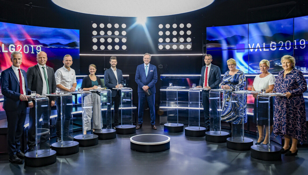 Partilederdebatt på TV2 i 2019. Deltagere f.v. Jonas Gahr Stre, Ap, Trygve Slagsvold Vedum, Sp, Audun Lysbakken, SV, Une Bastholm, MDG, Bjrnar Moxnes, Rdt, programleder Arill Riise, Kjell Ingolf Ropstad, KrF, Trine Skei Grande,V, Siv Jensen, Frp og Erna Solberg, H. Foto: Marit Hommedal / NTB Partilederdebatt på TV2 i 2019. Deltagere f.v. Jonas Gahr Stre, Ap, Trygve Slagsvold Vedum, Sp, Audun Lysbakken, SV, Une Bastholm, MDG, Bjrnar Moxnes, Rdt, programleder Arill Riise, Kjell Ingolf Ropstad, KrF, Trine Skei Grande,V, Siv Jensen, Frp og Erna Solberg, H. Foto: Marit Hommedal / NTB