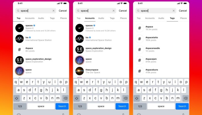 Slik ser det ut om du søker på «space» på Instagram nå. Slik ser det ut om du søker på «space» på Instagram nå.