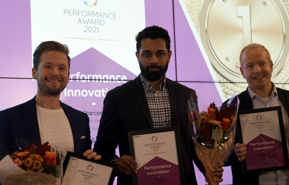 Torsdagens første gull ble delt ut i kategorien Performance Innovation, (F.v.) Starcom (gull), Starcom (bronse) og RED dentsu X (sølv).