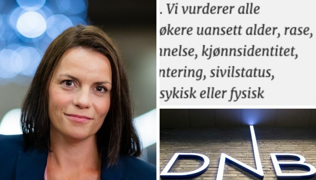 – Når vi gjør feil rydder vi opp, og vi har allerede rettet opp den aktuelle teksten og går gjennom liknende formuleringer for å sikre at teksten ikke blir brukt flere steder, sier kommunikasjonsdirektør Vibeke Hansen Lewin i DNB. – Når vi gjør feil rydder vi opp, og vi har allerede rettet opp den aktuelle teksten og går gjennom liknende formuleringer for å sikre at teksten ikke blir brukt flere steder, sier kommunikasjonsdirektør Vibeke Hansen Lewin i DNB.