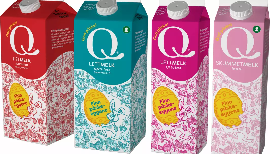 Q-meierienes påskehare viser fram årets melkekartong. I år som i fjor blir det påskeeggjakt, men i et utvidet format som tas digitalt. Og påskeharen trenger også et navn.