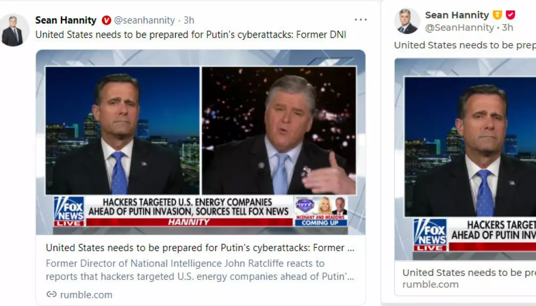 (Bildet med Sean Hannity er av to identiske poster, postet samtidig på Gettr og Parler. Postene lenker til en video på Rumble.
