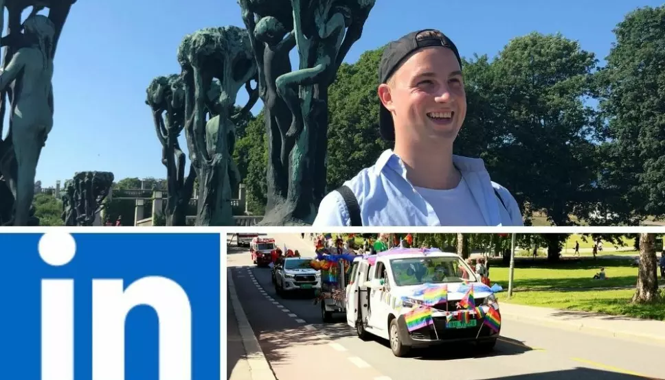 Timofei Kovalev er en av Oslo Prides mange frivillige. Nylig fikk han hovedansvaret for organisasjonens LinkedIn-konto. Bildet nederst er fra Oslo Pride Paraden i 2021.