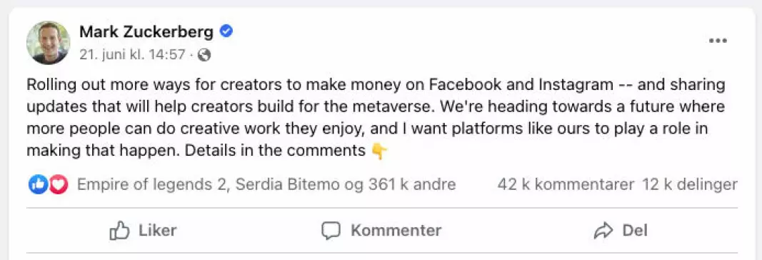 21. juni la Zuckerberg ut en Facebook-post om den nye lanseringen.