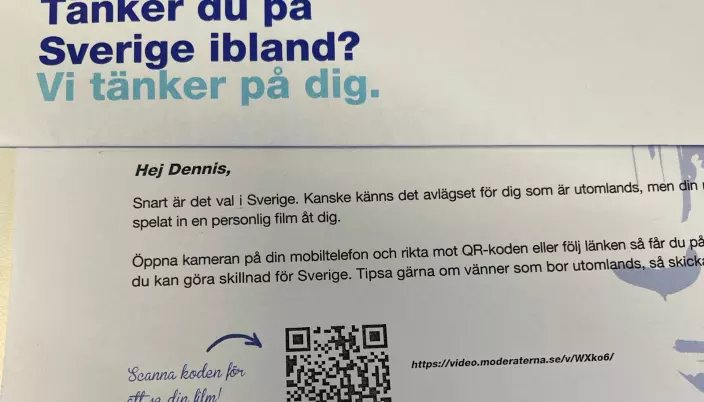 Slike brev får 160 000 utenlandsbosatte svensker i posten for å lokke dem til å stemme.