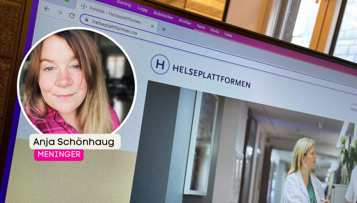 Anja Schönhaug (innfelt) mener arbeidet som er gjort med Helseplattformen er for dårlig. I bakgrunnen er nettsiden til Helseplattformen.