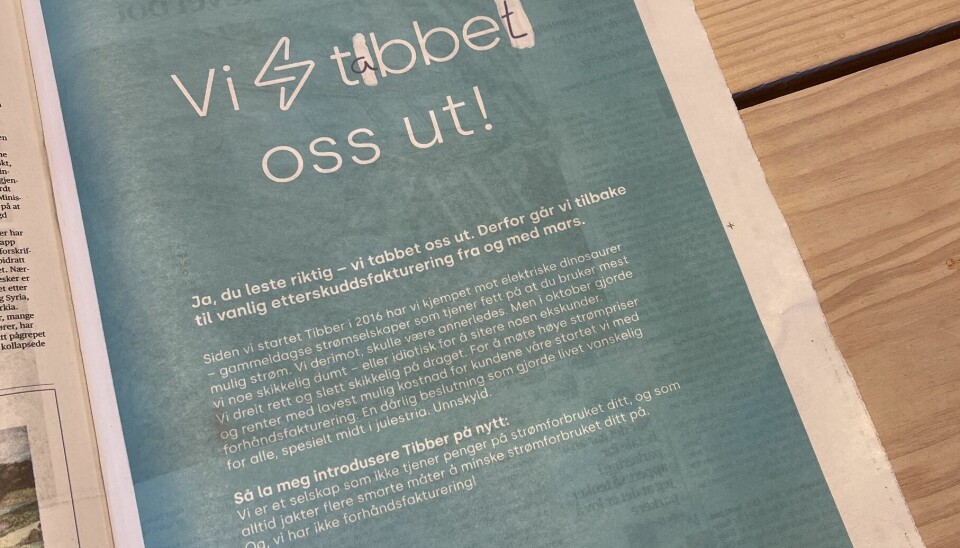 Bilde av avishelsiden fra Tibber der de ber kundene om unnskyldning for å ha kommet med forskuddsbetaling fra 1. okotber. Nå snur strømselskapet og fjerner forskuddsbetalingen fra 1. mars.