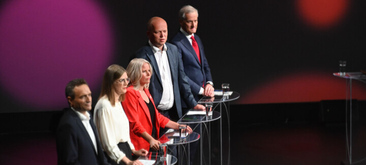 Partilederdebatten under Arendalsuka 2022. Arild Hermstad, Marie Sneve Martinussen, Kirsti Berstø, Trygve Slagsvold Vedum og Jonas Gahr Støre.