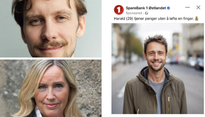 Mannen i denne reklamen fra Sparebank1 Østlandet finst ikke. Det får Ole Magnus Kinapel til å reagere. Kommunikasjonsdirektør i SpareBank 1 Østlandet, Siv Stenseth sier de har stoppet kampanjen og kommer ikke til å lage tilsvarende igjen.