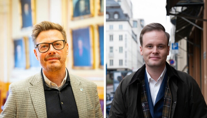 Thomas Tangen (til venstre og fra Venstre) og Cato Husabø Fossen (til høyre og fra Høyre). Begge synes den nye TV-serien om Arbeiderpartiet er underholdende.