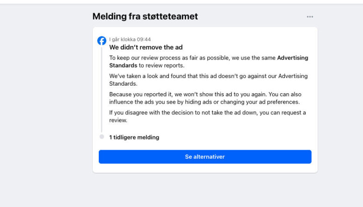 Annonsen med Jan Fredrik Karlsen ble rapportert inn til Meta, men de fant ikke noe galt med den.