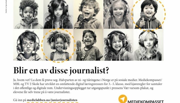 Ingen av disse barna kommer noengang til å bli journalist. Årsaken er at bildene er generert ved hjelp av kunstig intellingens. Men kampanjen er ikke merket.