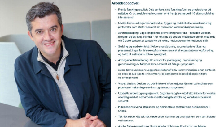 Universitetet i Bergen forsvarer stillingsannonsen til jobben som kommunikasjonsrådgiver ved Michael Sars-senteret. Til venstre er Lionel Christiaen, direktør ved Michael Sars-senteret.