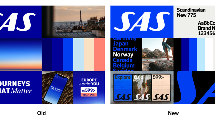 Slik ser SAS sin gamle og nye visuelle identitet ut ved siden av hverandre. Slik ser SAS sin gamle og nye visuelle identitet ut ved siden av hverandre.