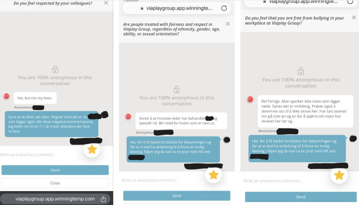 Skjermbildene er fra verktøyet Winningtemp, der hensikten er at de ansatte skal kunne gi anonyme tilbakemeldinger til ledelsen. På første bilde fra venstre omtaler mellomlederen en ansatt med navn (sladdet).