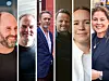 Montasje med seks portretter av voksne personer i vertikale felt med ulike bakgrunner.