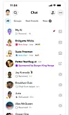 Mobilskjerm med Snapchat-chatliste, samtaler, grupper og et sponsormerket Burger King Norge-innlegg.